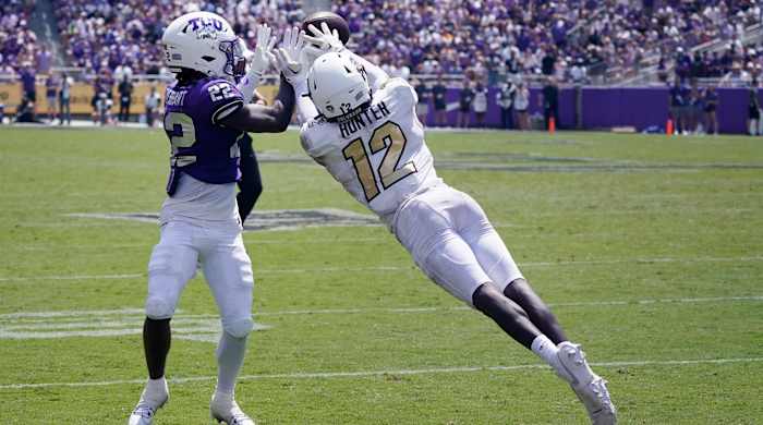 Colorado cornerback Travis Hunter jumps to intercept a pass against TCU.